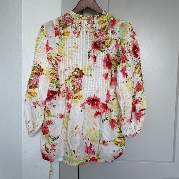120% LINO WHITE FLORAL LINEN VNECK BOHO BLOUSE WOMENS 44 MEDIUM - Picture 3 of 4